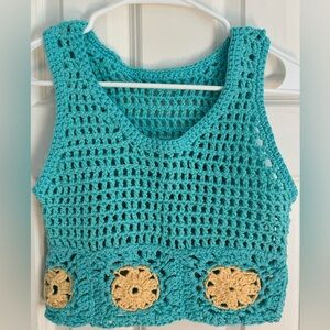 Cute handmade crochet midriff tank top. XS. Turquoise/Yellow. Cotton yarn.